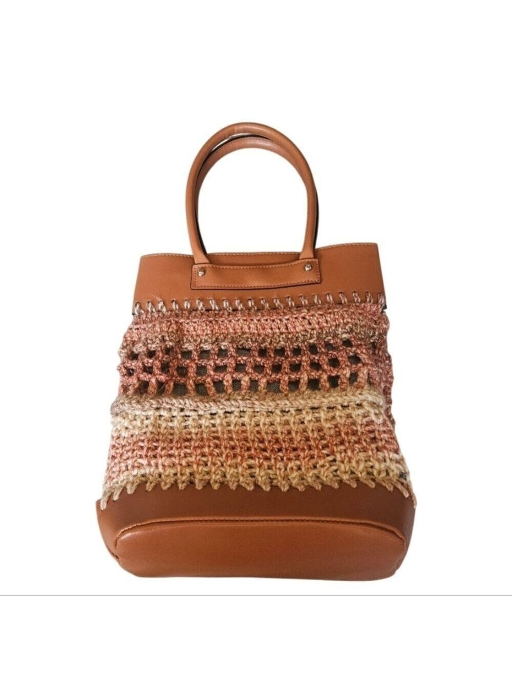 Upcycled Crochet Faux Leather Tote with Denim Pocket Fall Artisan Handbag Knit - Picture 5 of 17